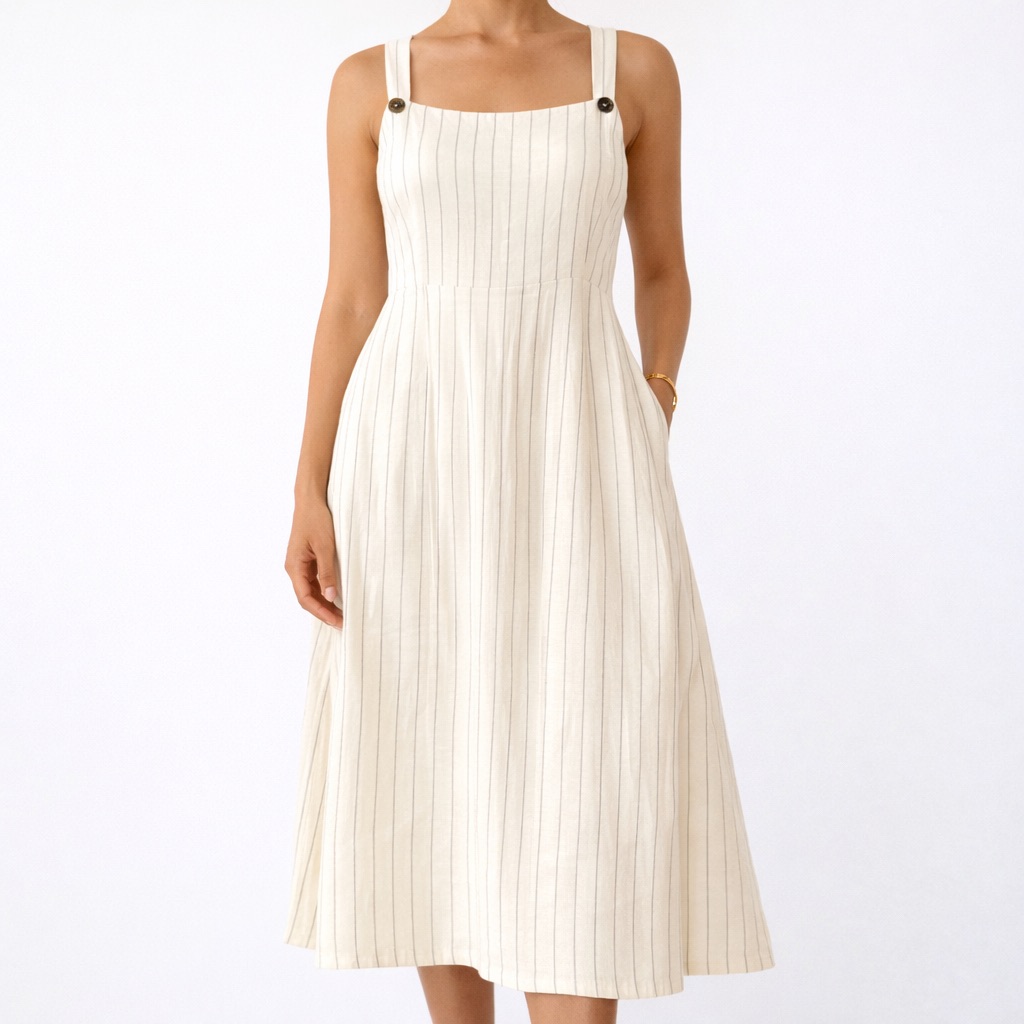 Club Monaco Linen Blend Dress Size 10 Cream Pinstripe Sleeveless Summer